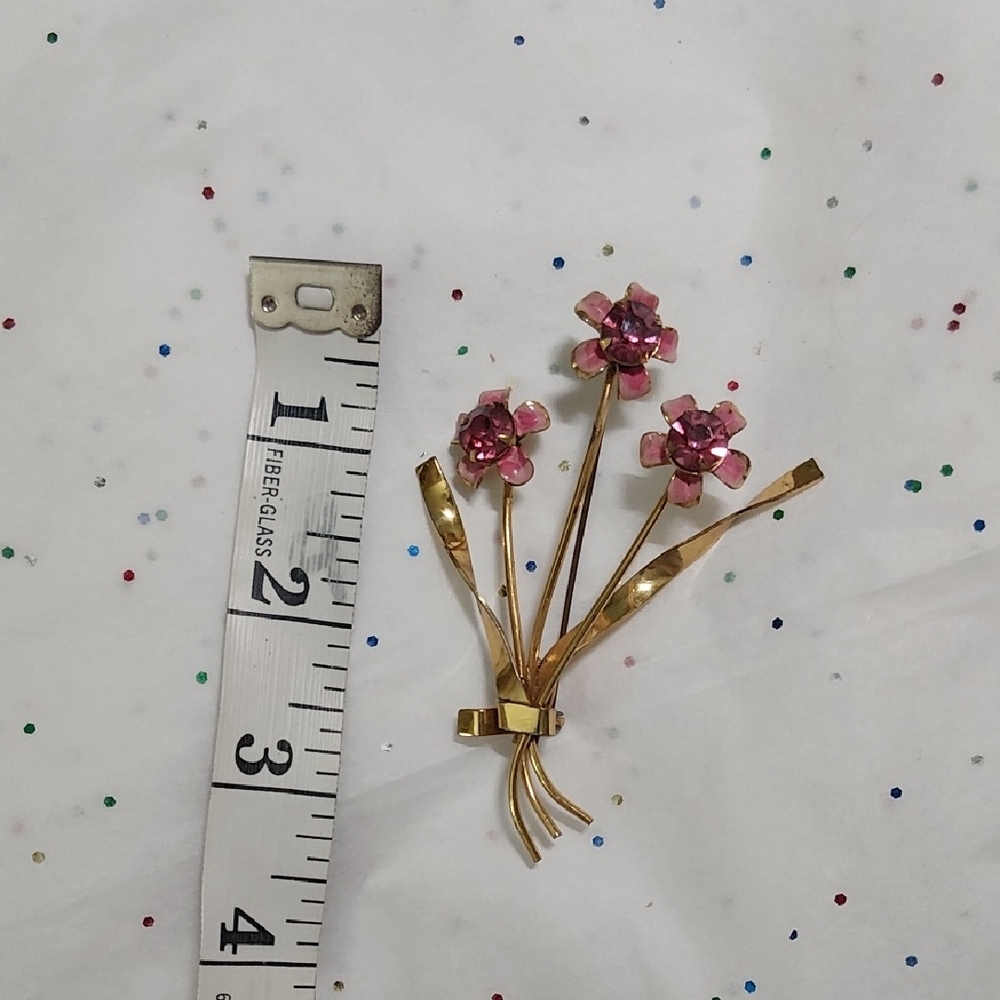 Gold Floral Brooch with Pink Accents - Picture 2 of 6